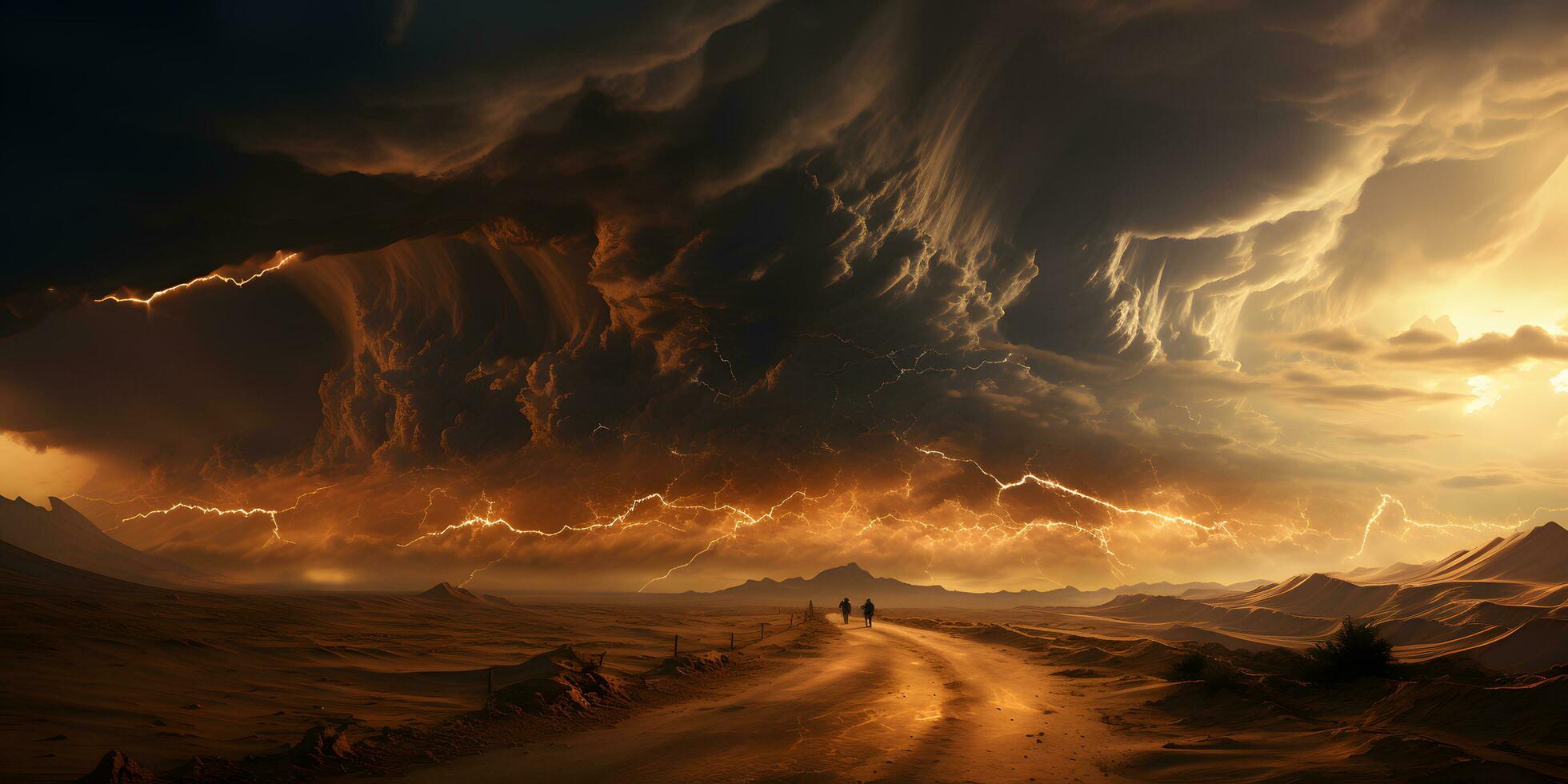 AI generated Stormy Sky with Lightning Strikes in the Desert. Sandstorm Landscape. Generative Ai photo