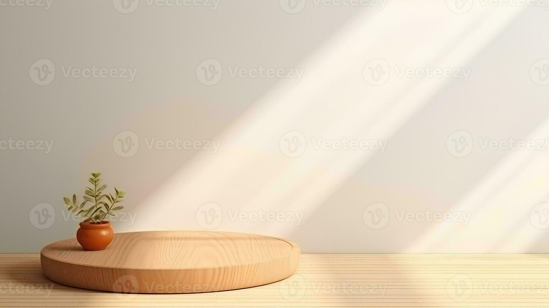 AI generated Empty minimalist natural wood table, beautiful wood grain in sunlight, shadow on beige wall, 3D product display background photo