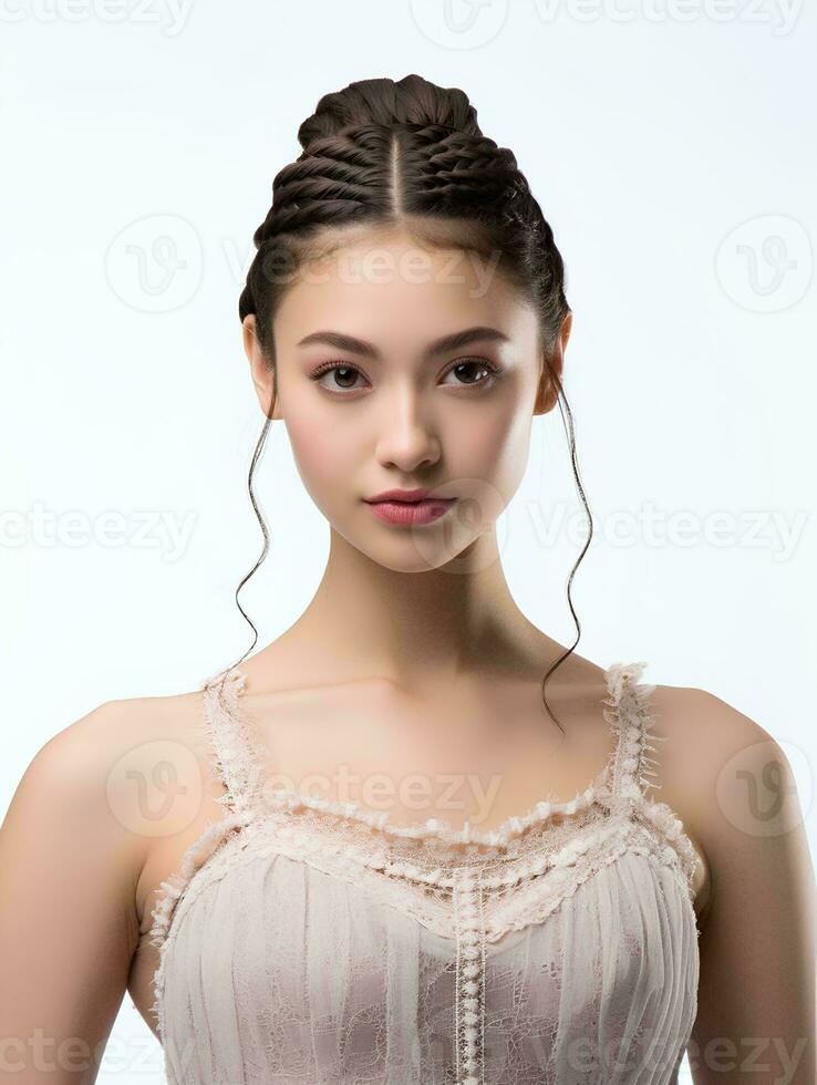 AI generated Portrait of beautiful Japanese woman with braided hair wearing ballet dress, isolated white background, AI Generative photo