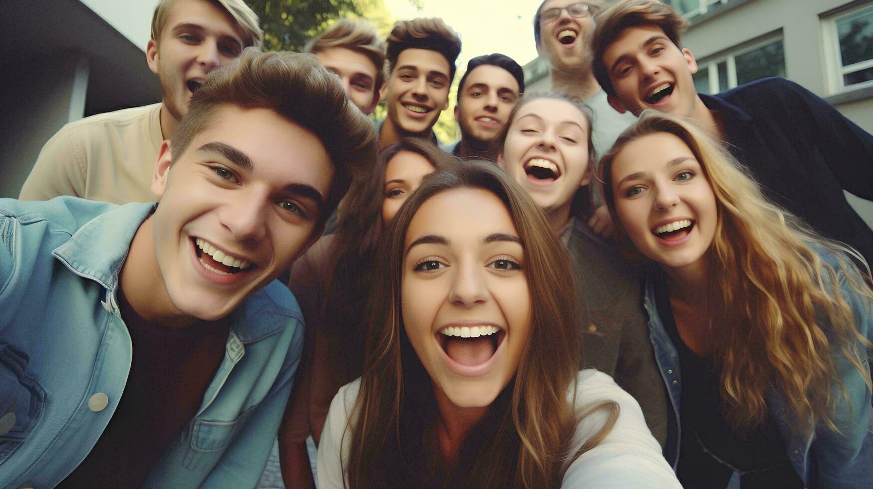 AI generated Young university people laughing together in front of the camera, Group of happy friends having fun taking selfie photos with smart phones