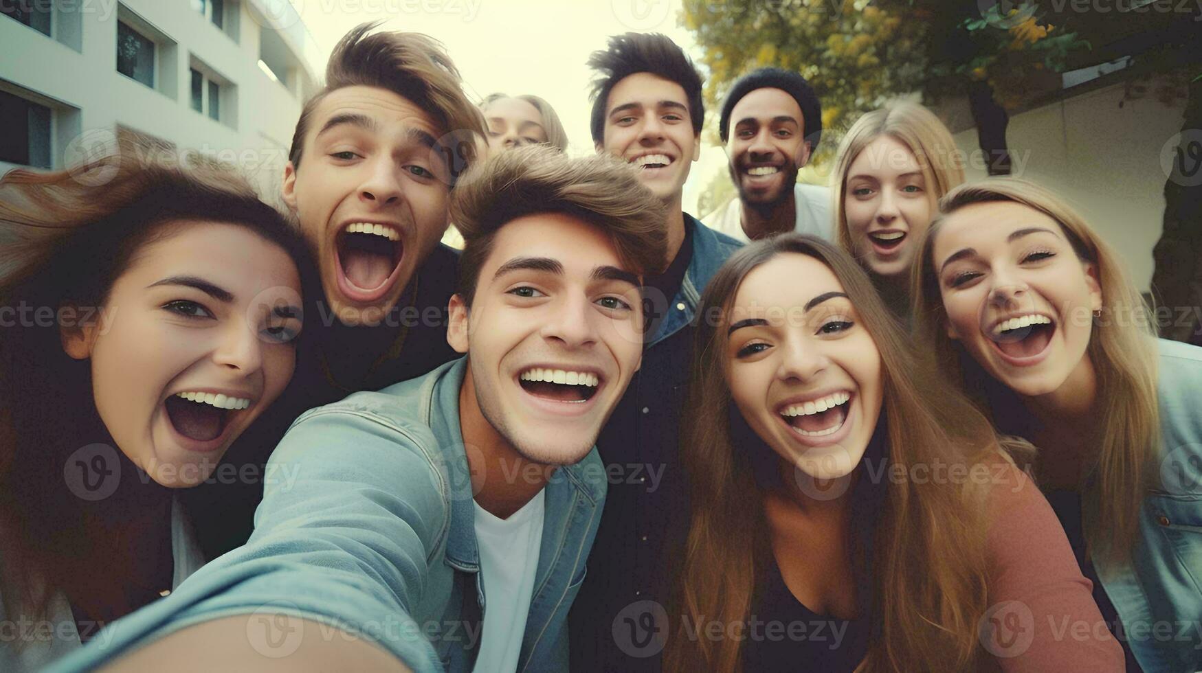 ai generado joven Universidad personas riendo juntos en frente de el cámara, grupo de contento amigos teniendo divertido tomando selfie fotos con inteligente Los telefonos