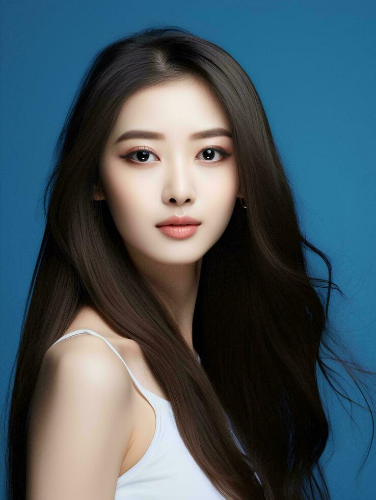 AI generated Young beauty japanese woman long straight hair with Korean style makeup and perfect clean skin on isolated blue background, AI Generative photo