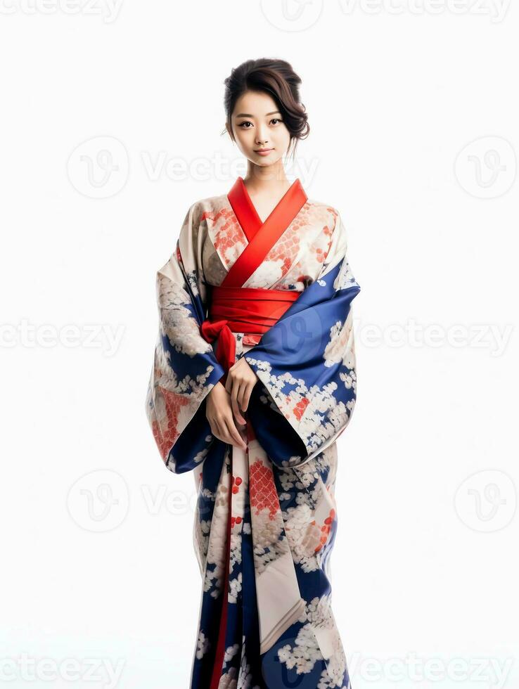 ai generado retrato de un joven japonés hembra modelo vistiendo un kimono posando graciosamente, aislado blanco fondo, ai generativo foto