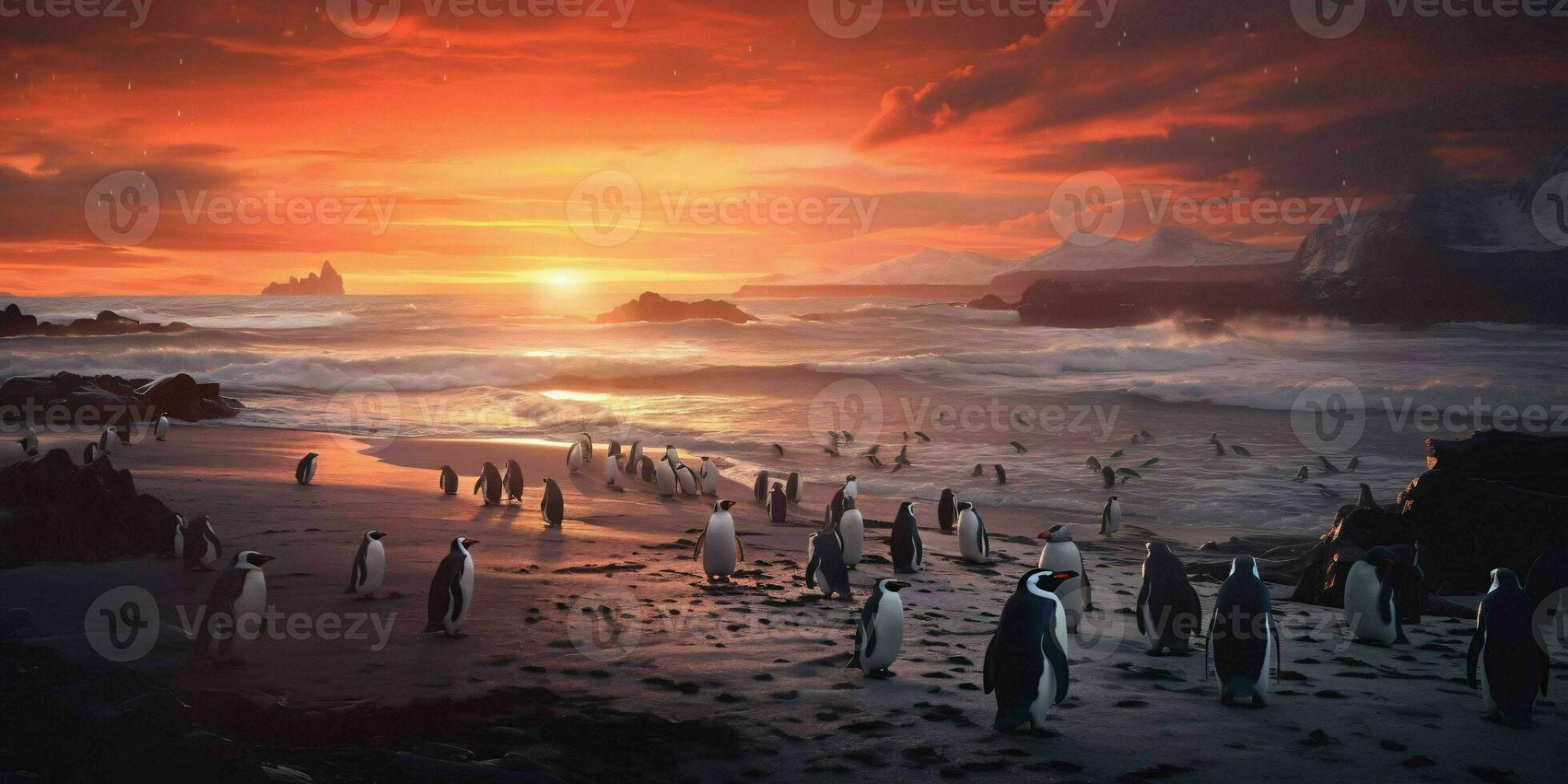 AI generated Penguin Colony on the Beach with Beautiful Sunset View. Generative AI photo