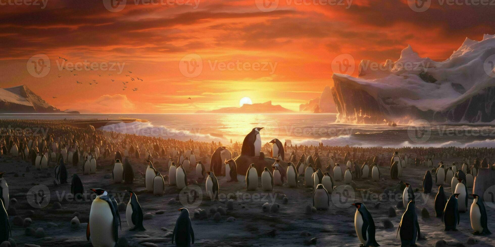 AI generated Penguin Colony on the Beach with Beautiful Sunset View. Generative AI photo