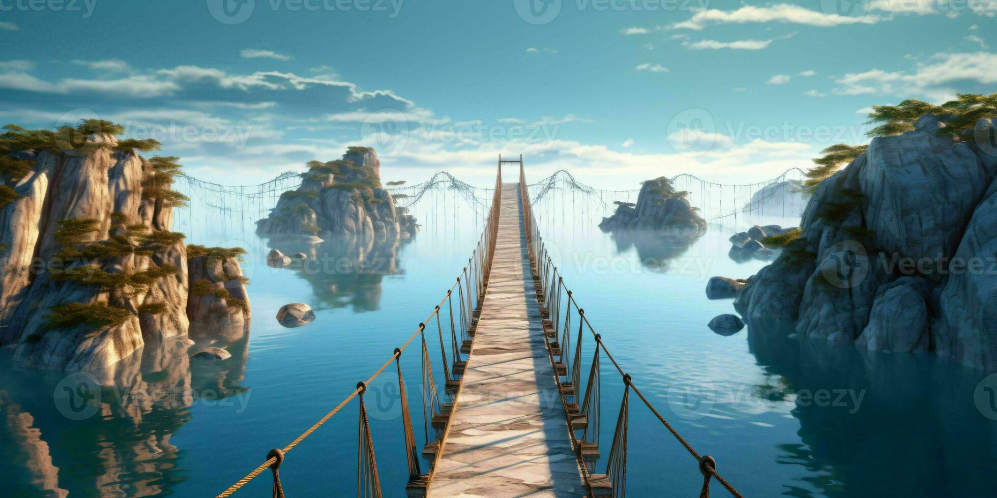 AI generated Suspension Bridge Between Islands with Ocean View. Generative AI photo