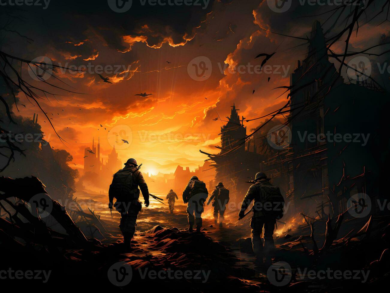 AI generated Silhouettes of Soldiers in a Ruined City Turned into a War Zone. War in the City. Generative Ai photo