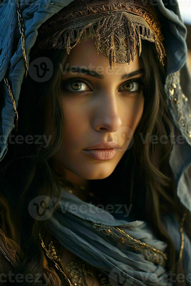ai generado retrato de hermosa velado árabe mujer con Desierto antecedentes. cerca arriba de medio oriental mujer con hermosa ojos. generativo ai foto