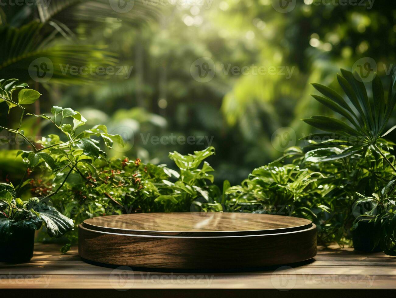 AI generated Wooden Product Display Podium with Nature Background. Natural Product Placement Pedestal Stand. Generative AI photo