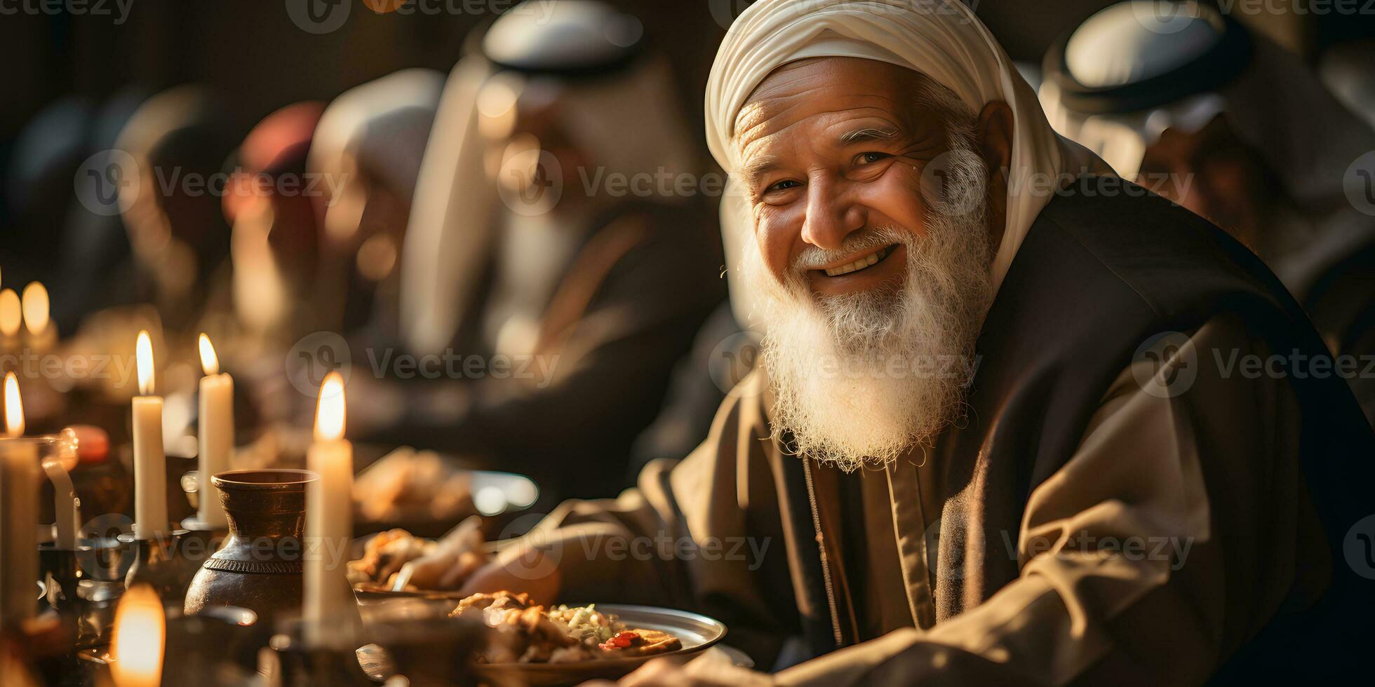 AI generated A Group of Elderly Muslim Family and Friends Gathering during Ramadan with Delicious Dishes on the Table. Iftar Dinner. Generative Ai photo