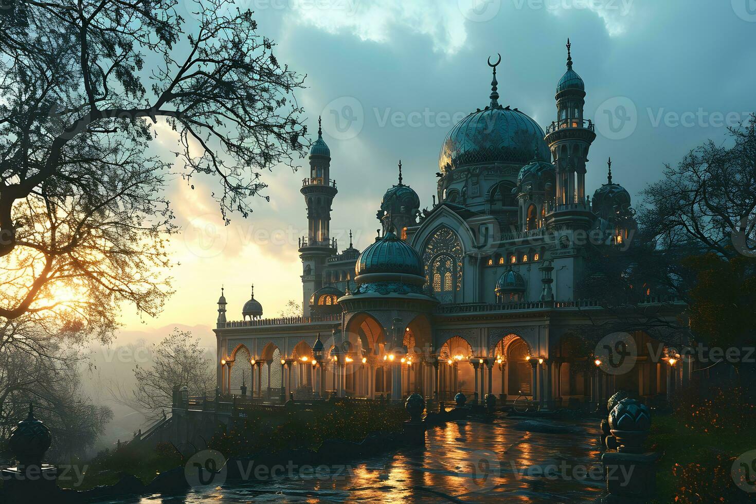 AI generated A Magnificent Mosque with a Beautiful Sky View at Sunset. Generative AI photo