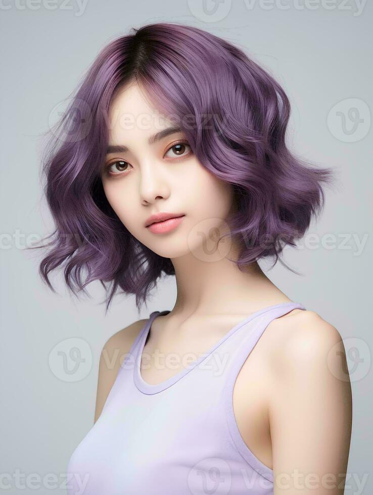 AI generated Portrait of beautiful young Japanese woman with short wavy purple hair on isolated white background, AI Generative photo