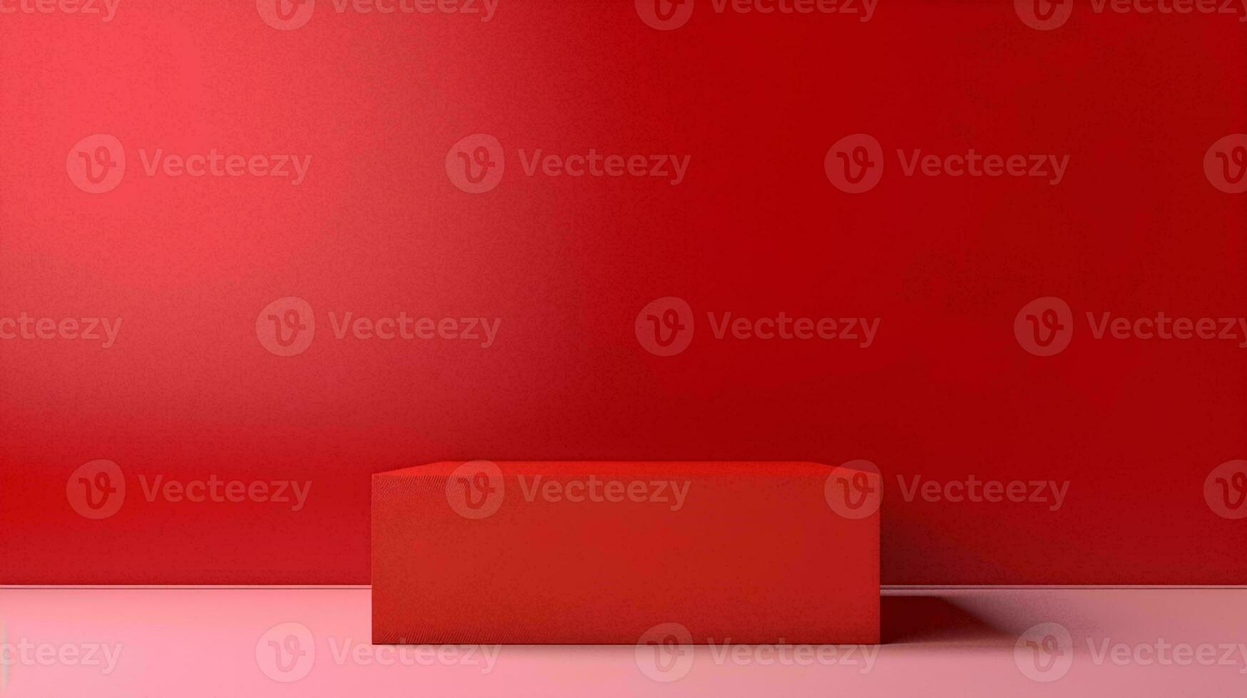AI generated Cube podium on red background, geometric, cosmetic showcase, template, copy space, advertising, product display, 3D Rendering photo