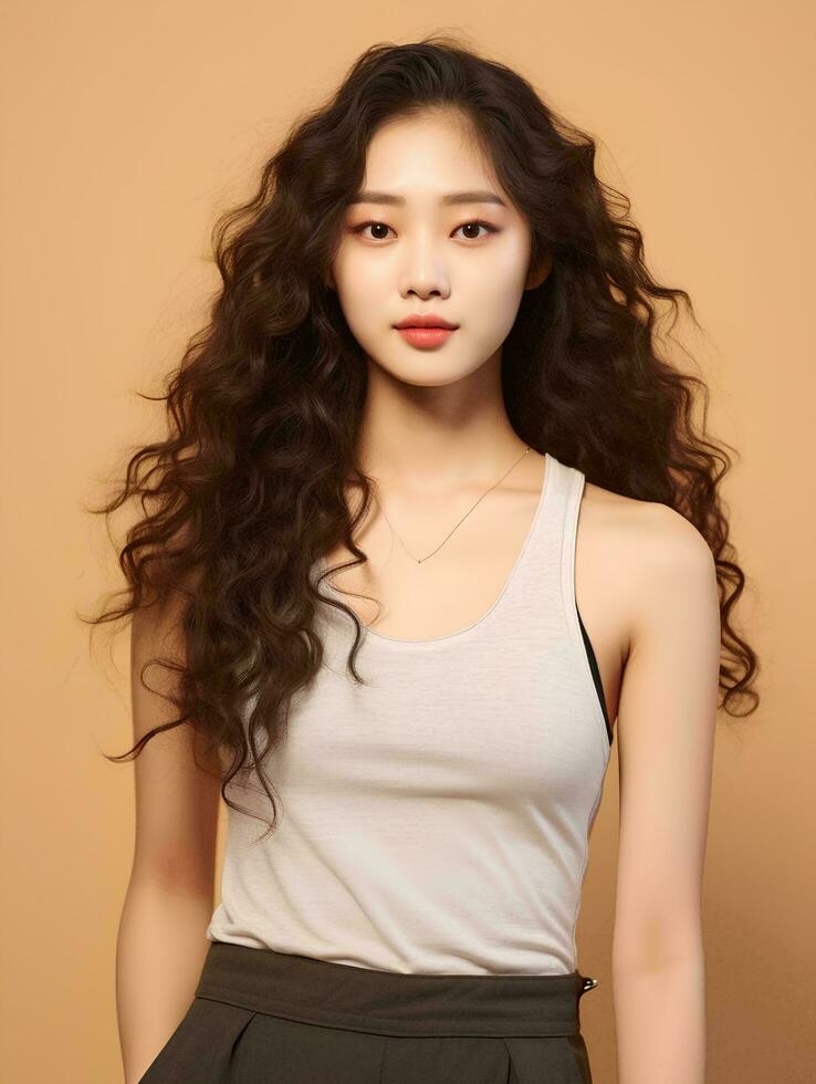 AI generated Beautiful young Asian woman wearing tank top with long curly hair, Korean style makeup and perfect skin on an isolated background, AI Generative photo