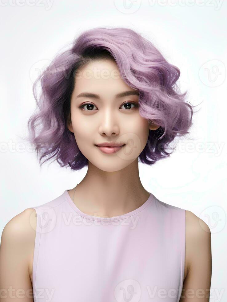 AI generated Portrait of beautiful young Japanese woman with short wavy purple hair on isolated white background, AI Generative photo