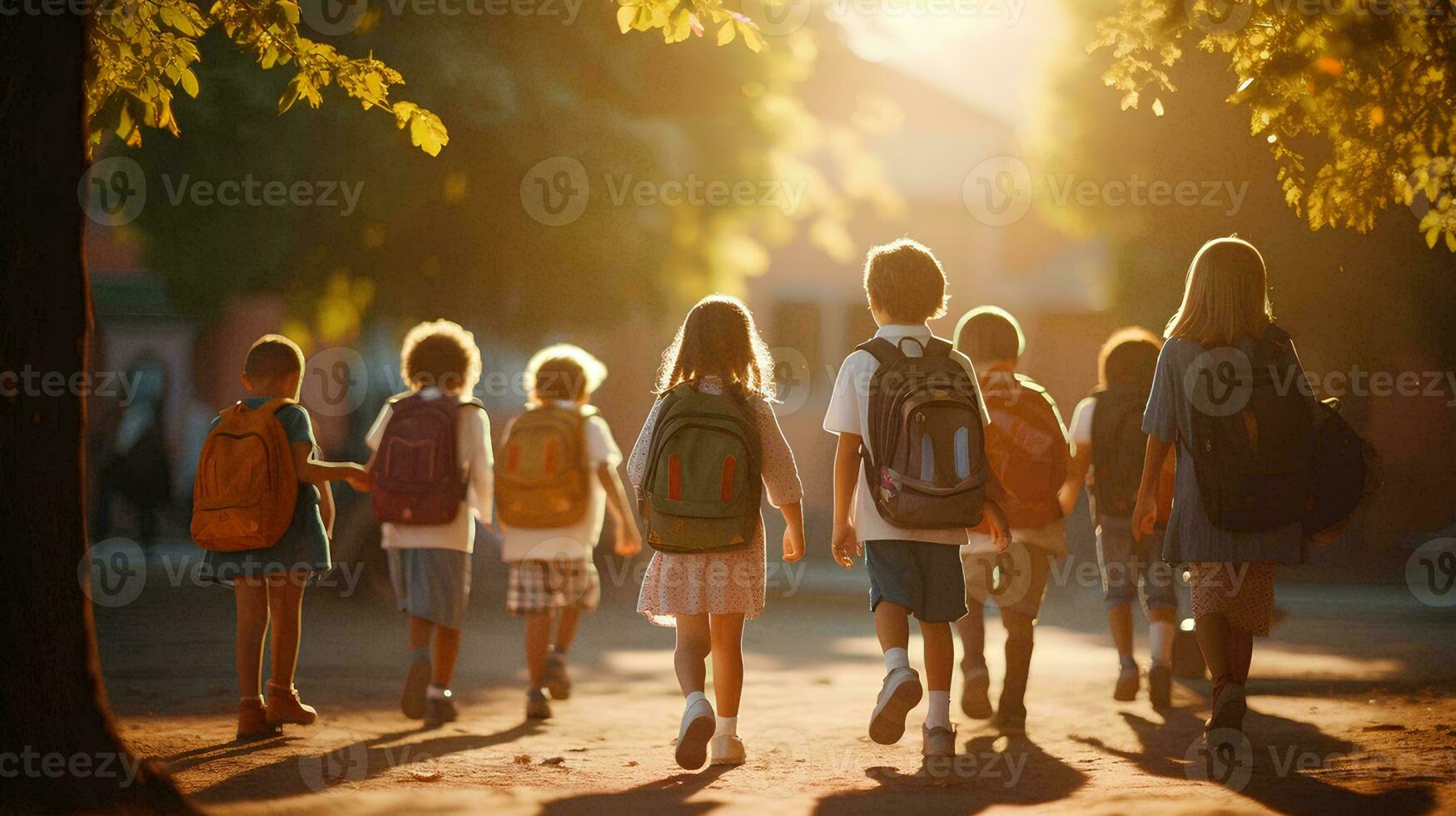 ai generado un grupo de joven niños caminar juntos en frente de el aula, unido en amistad, encarnando el concepto de espalda a colegio en el primero día de colegio en el otoño foto