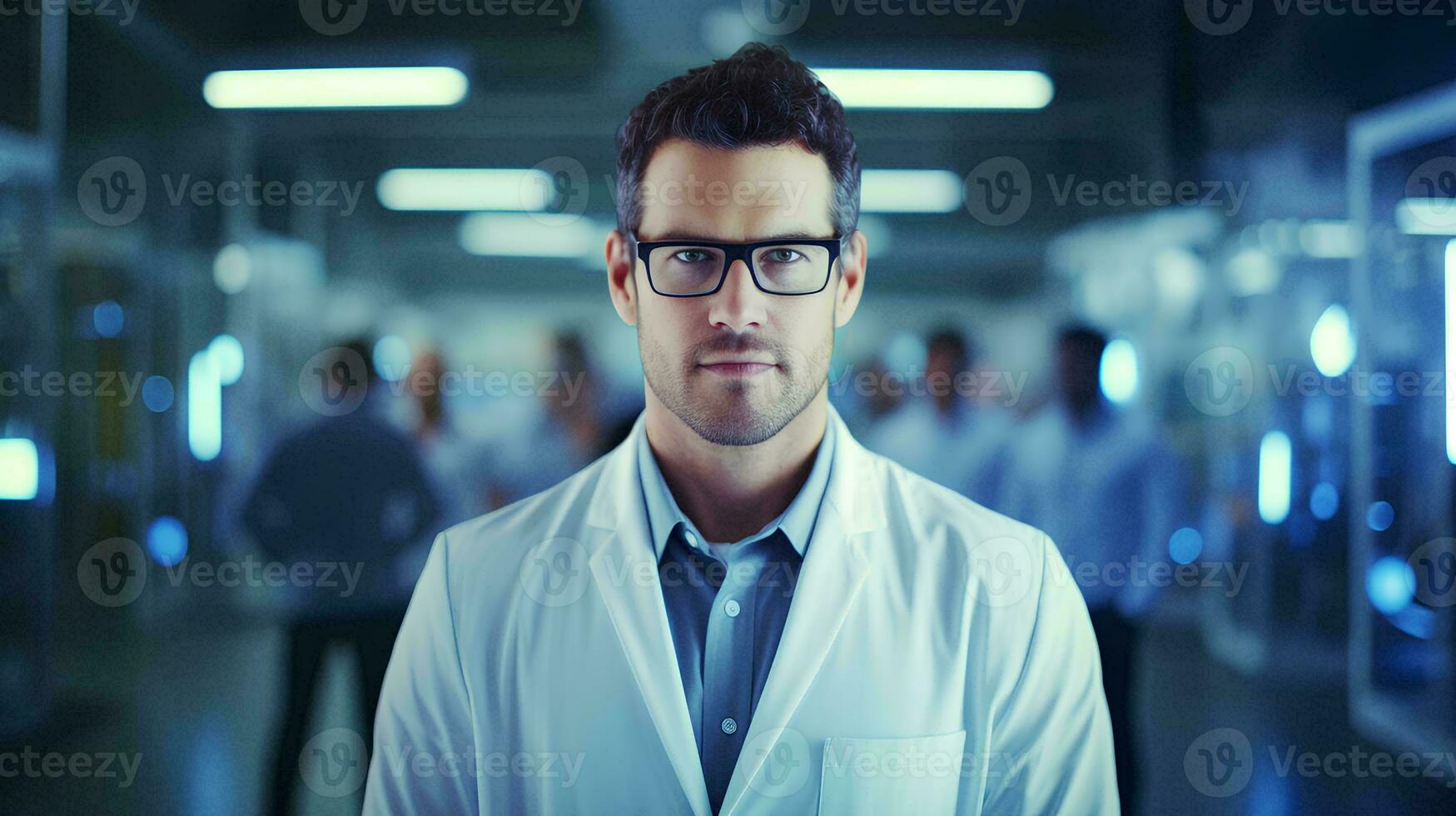 AI generated Mature male doctor wearing a white coat and glasses in a modern Medical Science Laboratory with a team of Specialists in the background photo