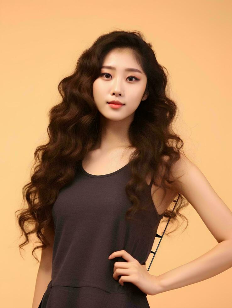 AI generated Beautiful young Asian woman wearing tank top with long curly hair, Korean style makeup and perfect skin on an isolated background, AI Generative photo
