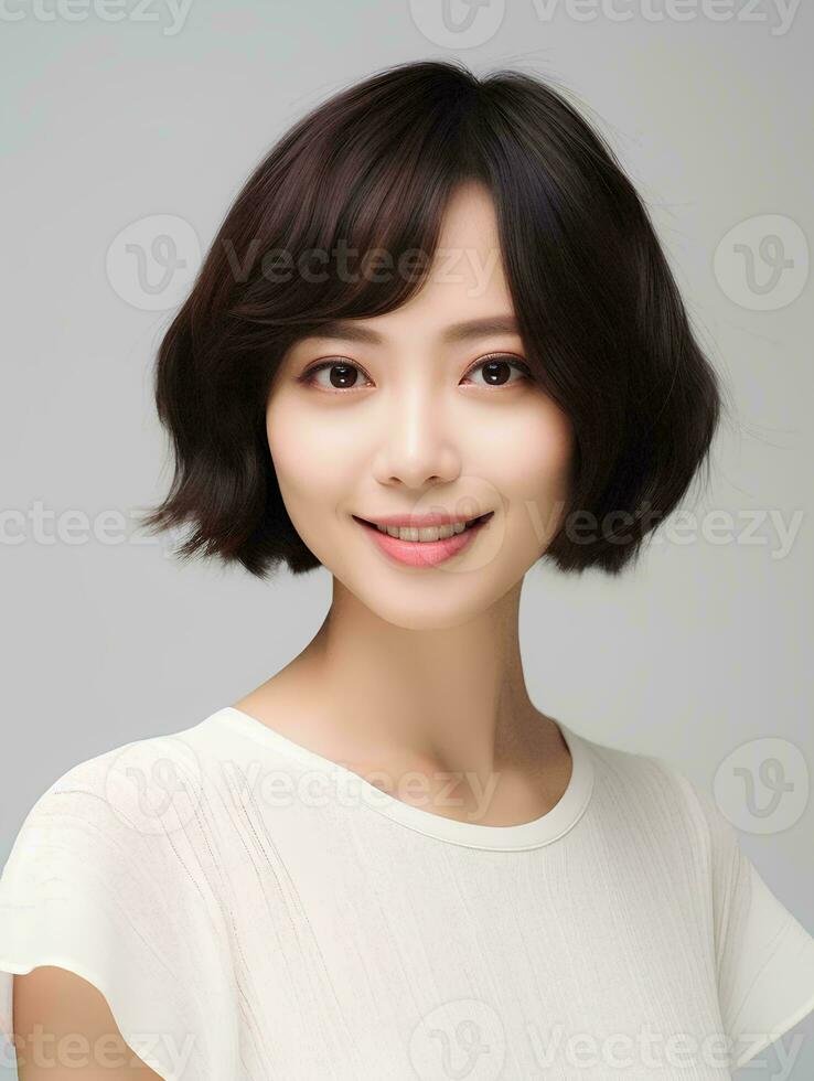 AI generated Portrait of beautiful Japanese woman with short bob haircut, isolated white background, AI Generative photo