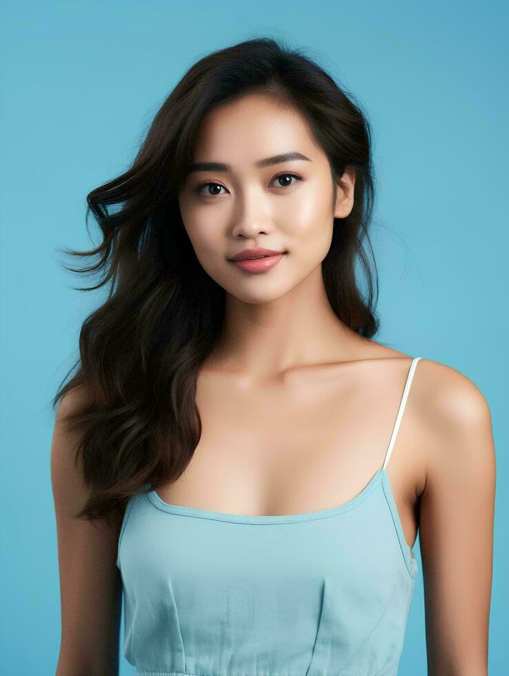 AI generated Portrait of beautiful asian woman on isolated light blue background, wearing tank top, beauty model photo