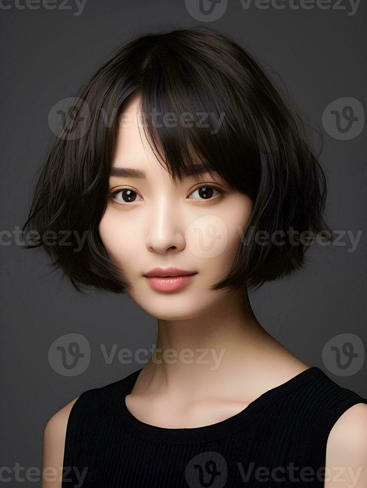 AI generated Portrait of beautiful Japanese woman with short bob haircut, isolated white background, AI Generative photo