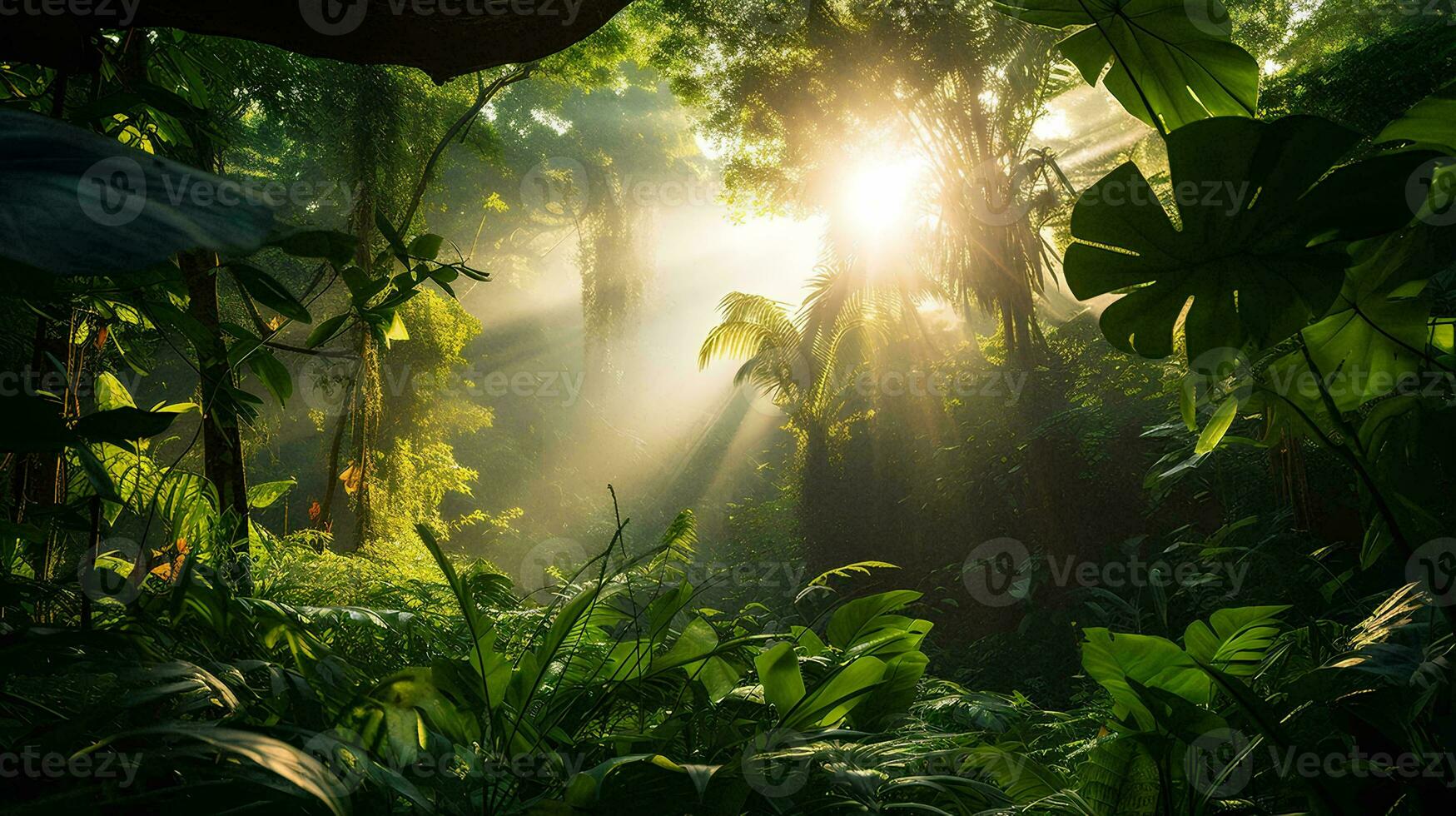 ai generado un brillante Mañana en un tropical bosque con luz de sol brillante mediante Entre el hojas, plantas ese prosperar sin aire contaminación foto