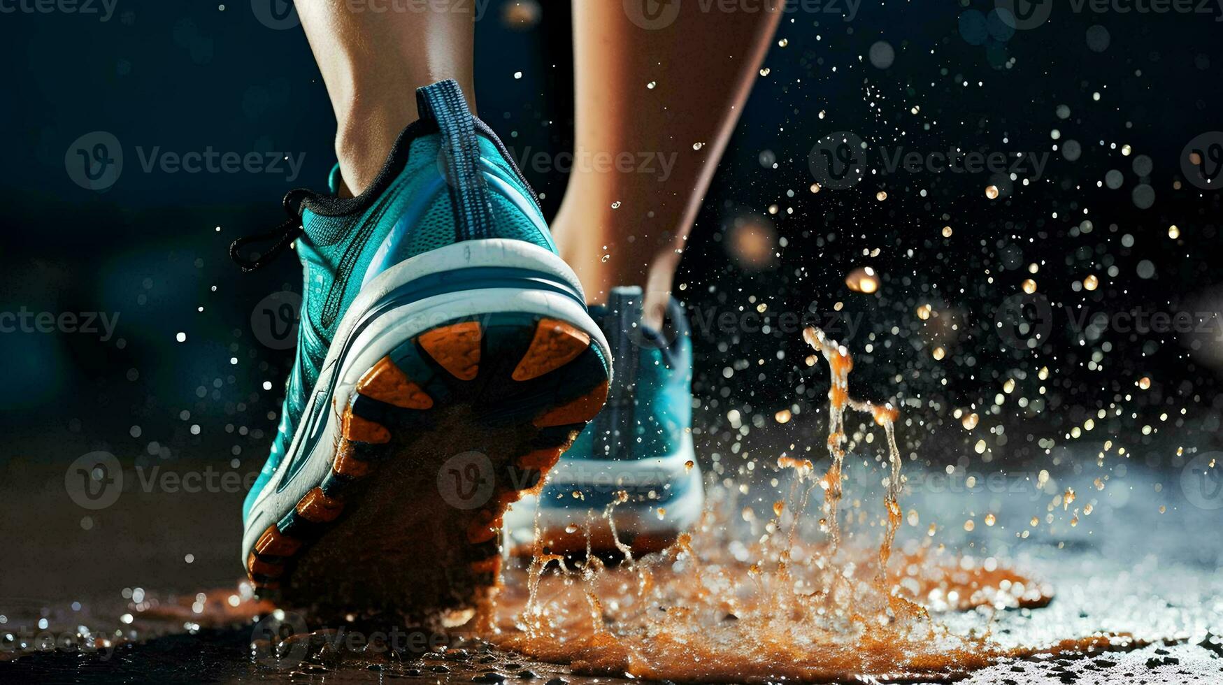 ai generado el espalda ver de un mujer pies en Deportes Zapatos trotar en el campo cuando eso lluvias da el efecto de agua salpicaduras en el suelas de el Zapatos foto