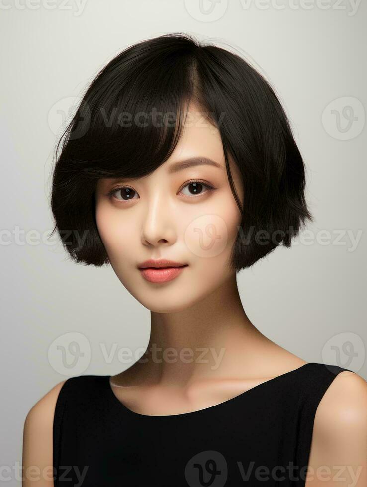 AI generated Portrait of beautiful Japanese woman with short bob haircut, isolated white background, AI Generative photo