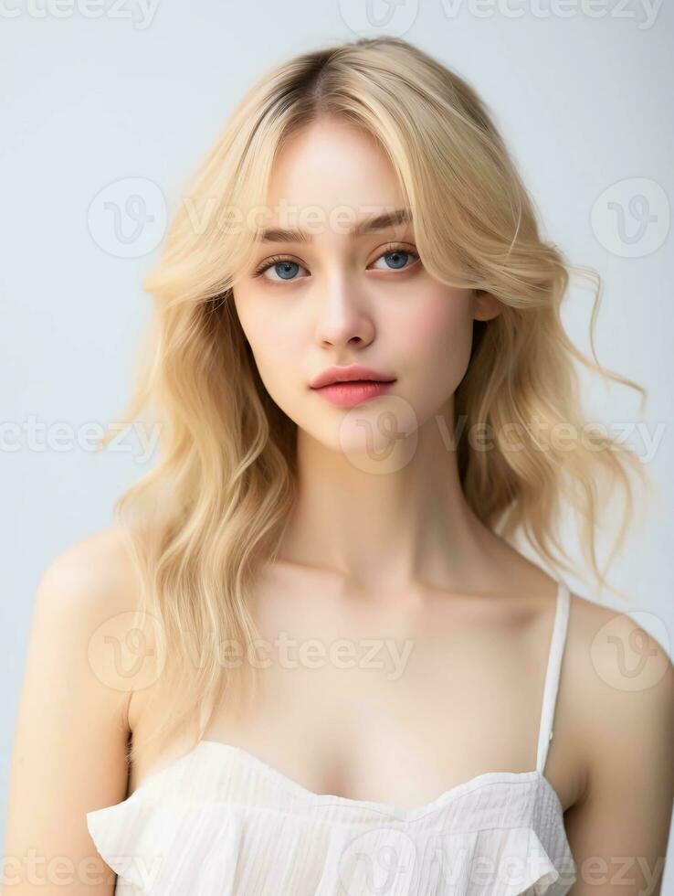 AI generated Close up of beautiful Japanese woman in feminine dress with blonde hair, isolated white background, AI Generative photo