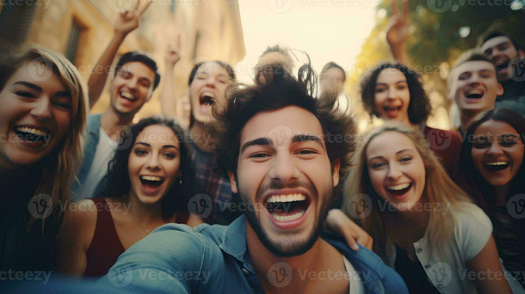 ai generado joven Universidad personas riendo juntos en frente de el cámara, grupo de contento amigos teniendo divertido tomando selfie fotos con inteligente Los telefonos