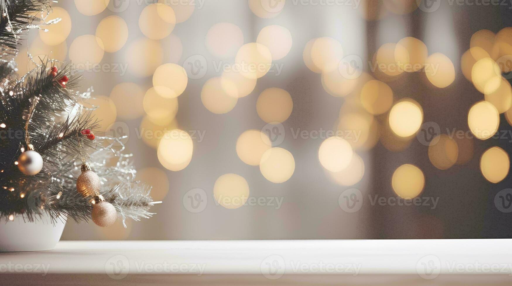 AI generated Empty white table with abstract christmas celebration decorations blurred background with lit christmas tree string lights photo
