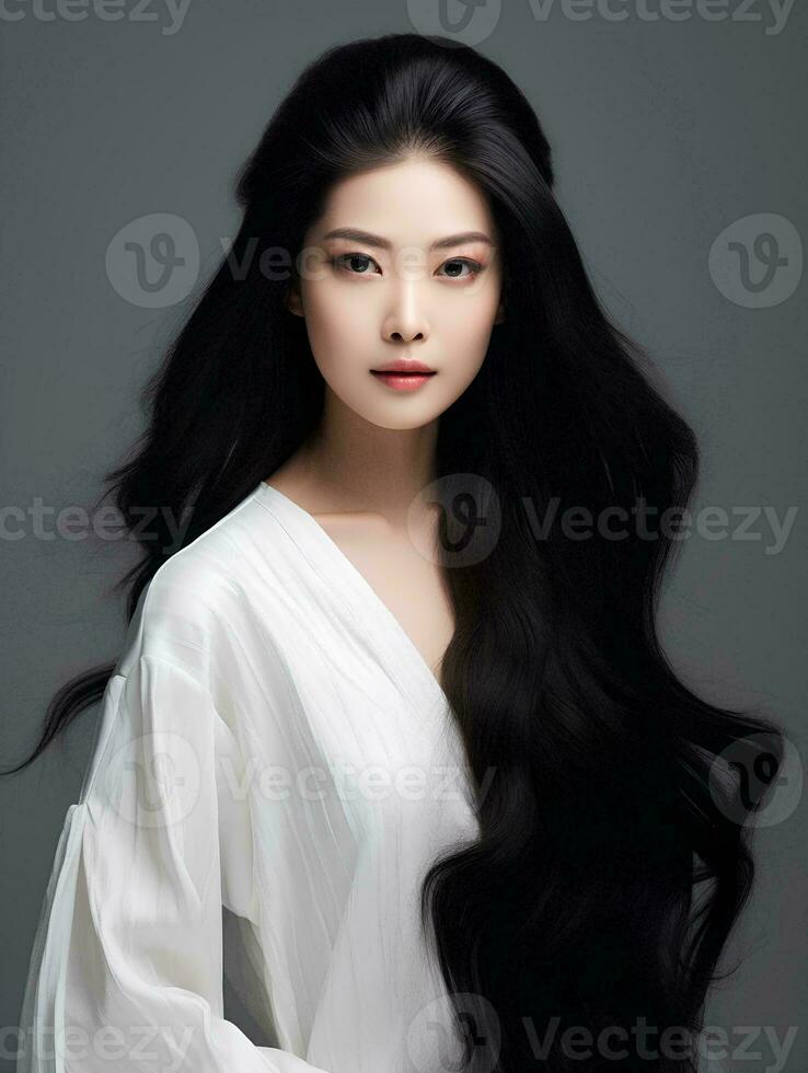 AI generated portrait of beautiful Asian woman with long black hair on isolated background, AI Generative photo