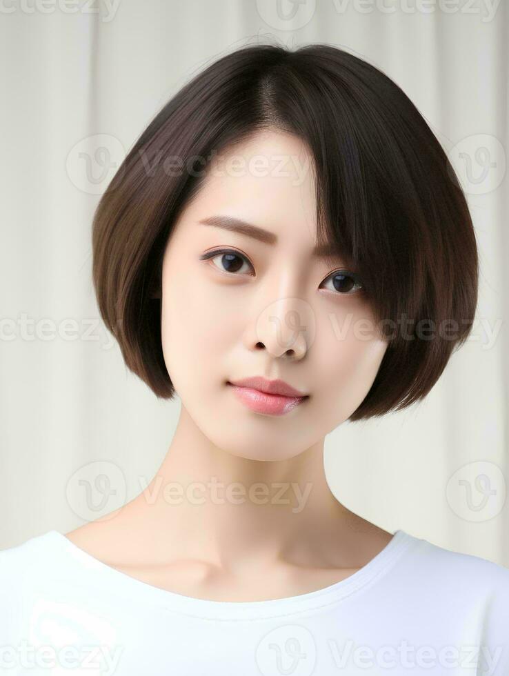 AI generated Portrait of beautiful Japanese woman with short bob haircut, isolated white background, AI Generative photo