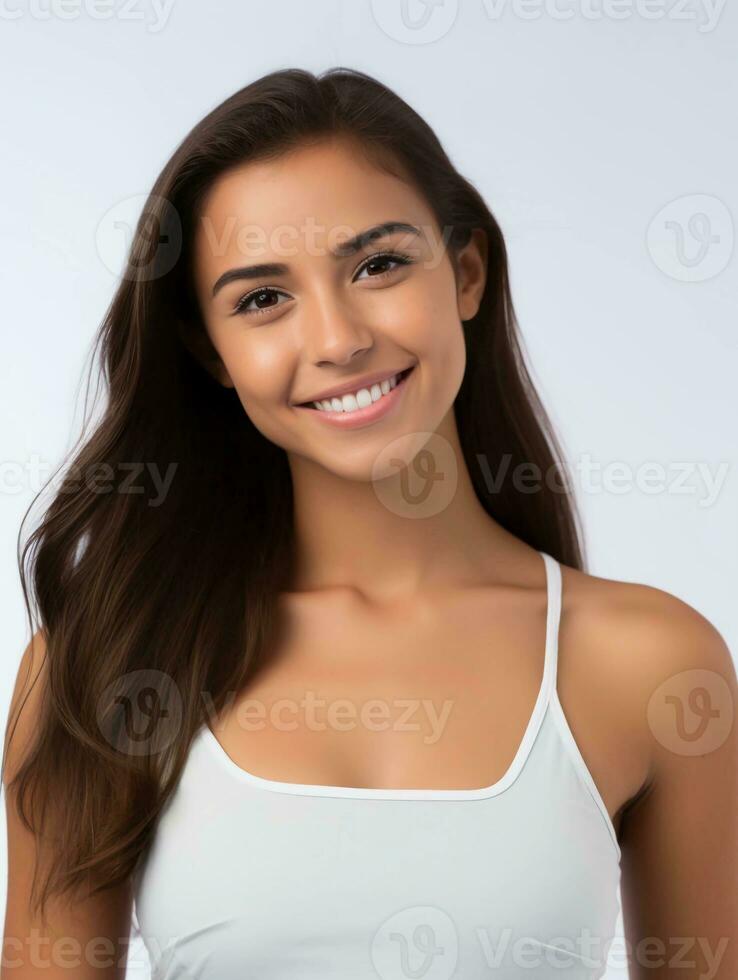 AI generated Portrait of a beautiful young Latin woman with clean white skin wearing a tank top, as a beauty model photo, beautiful smile expression photo