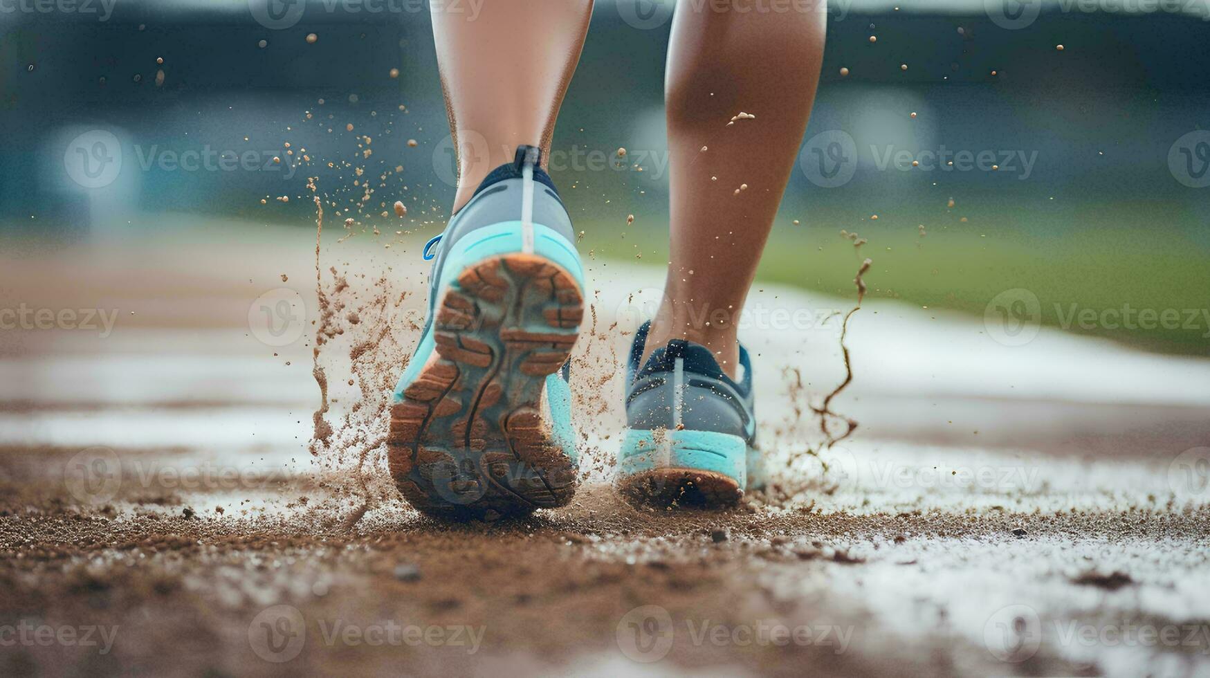 AI generated The back view of a woman's feet in sports shoes jogging on the field when it rains gives the effect of water splashing on the soles of the shoes photo