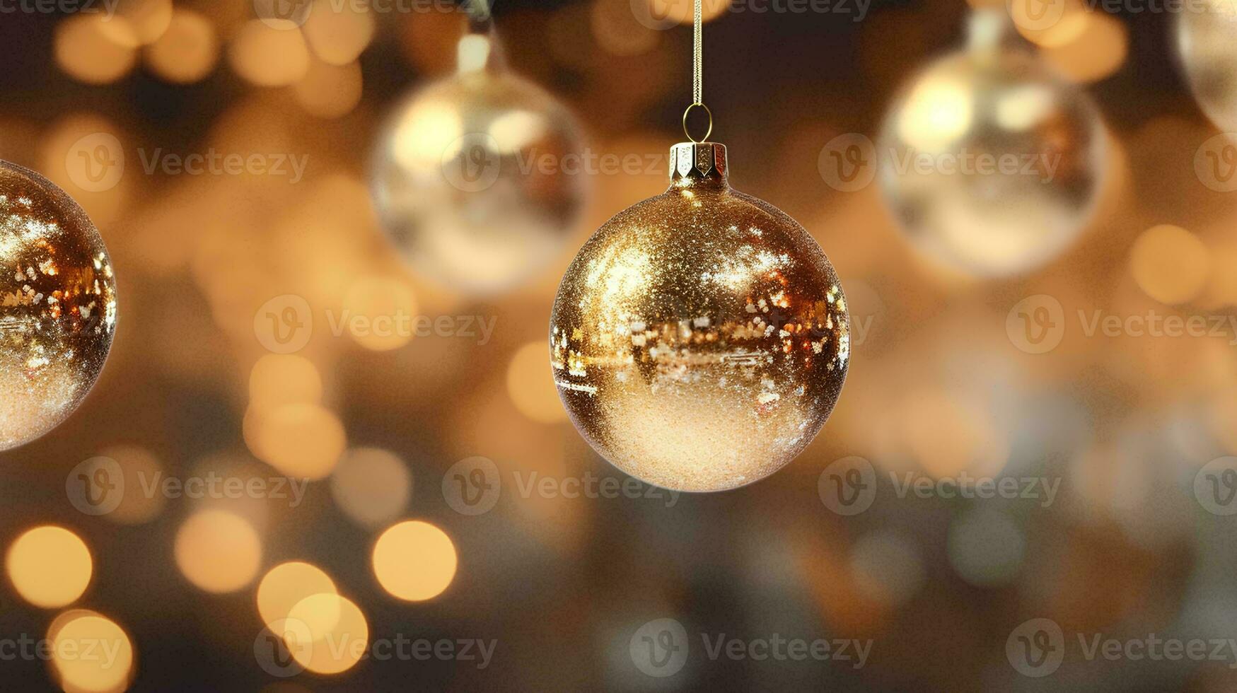 AI generated 3D rendering of glass Christmas bulbs with bokeh background, Christmas ornaments on Christmas tree with gold and white lights photo