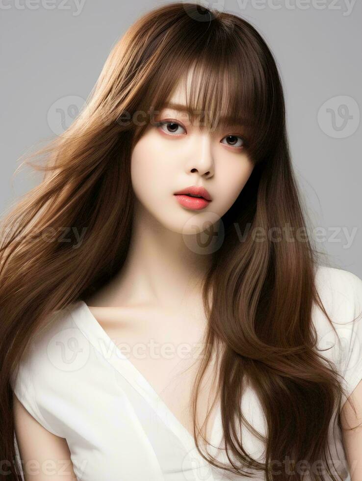 AI generated Portrait of beautiful young Korean woman with long straight hair with soft bangs, AI Generative photo