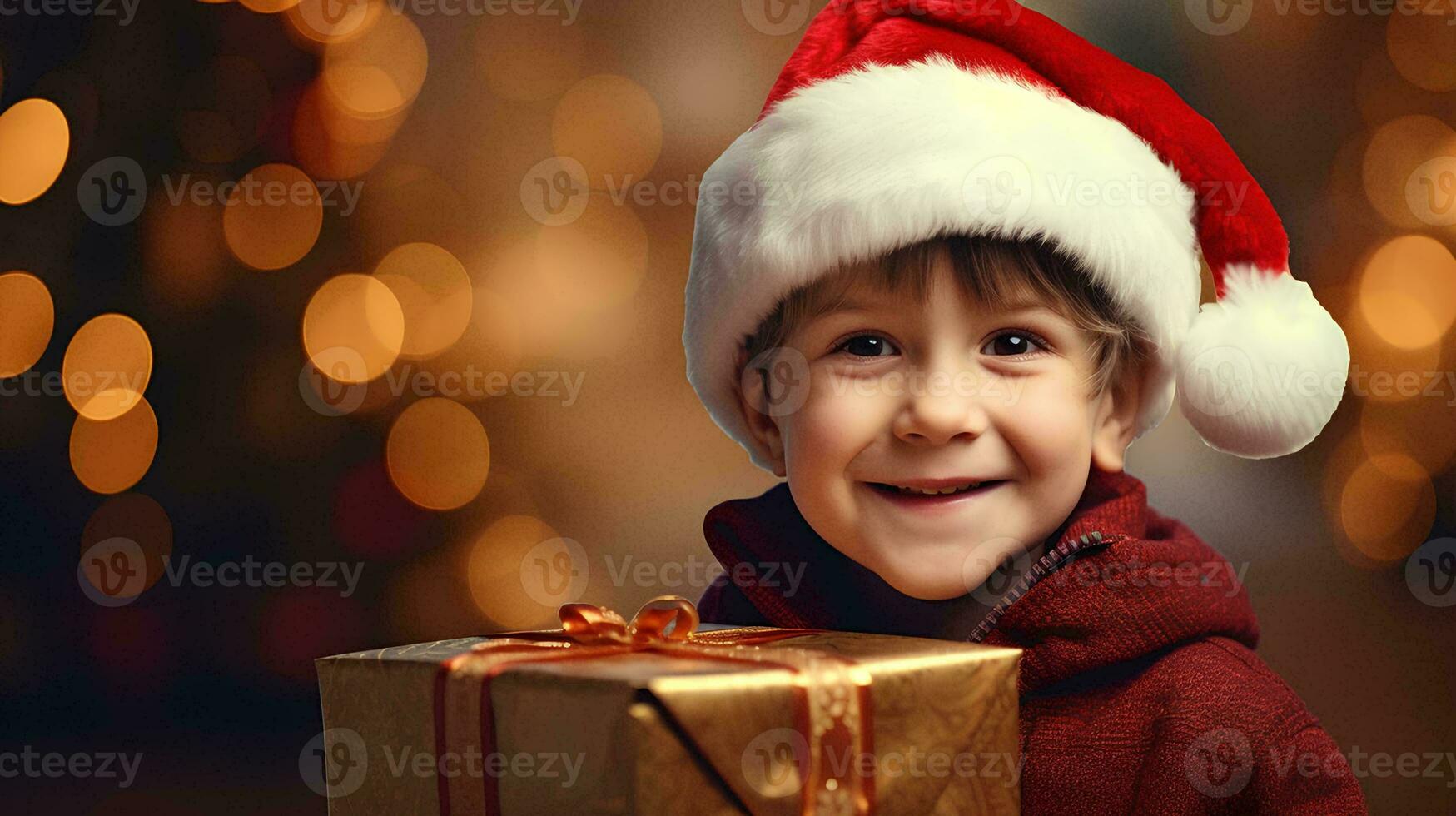 ai generado pequeño chico participación un regalo caja en Navidad día con un antecedentes de atmósfera en el víspera de Navidad celebraciones, contento facial expresión foto