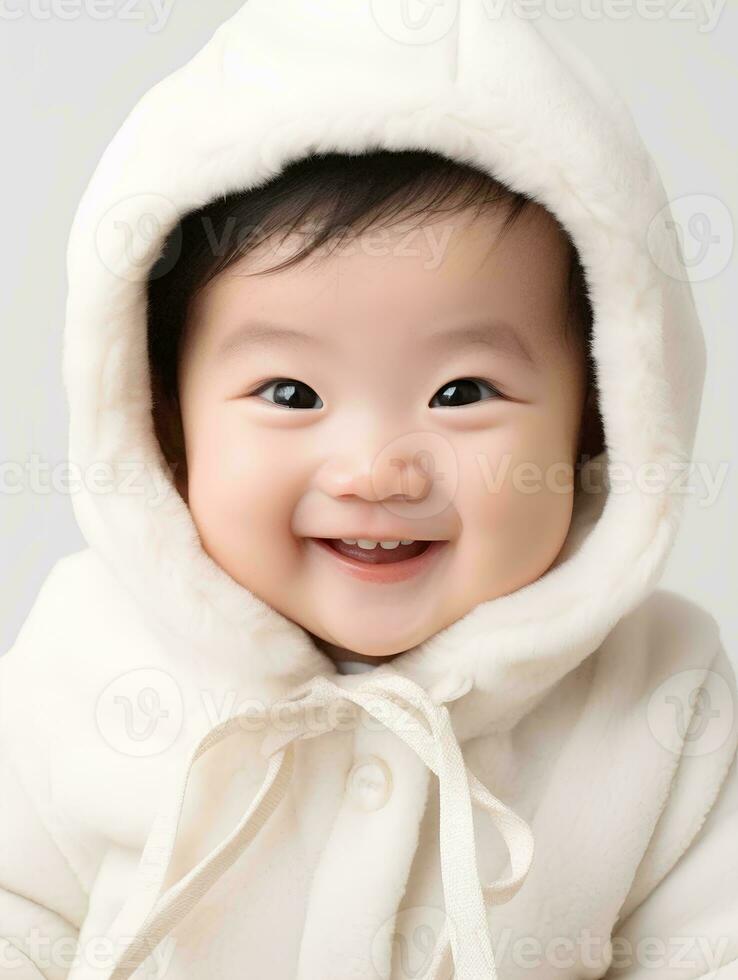 ai generado retrato de linda inclinado ojos japonés bebé chico modelo, con sonriente y riendo expresión, 2 mes antiguo bebé, estudio foto, aislado blanco fondo, para publicidad y web diseño foto