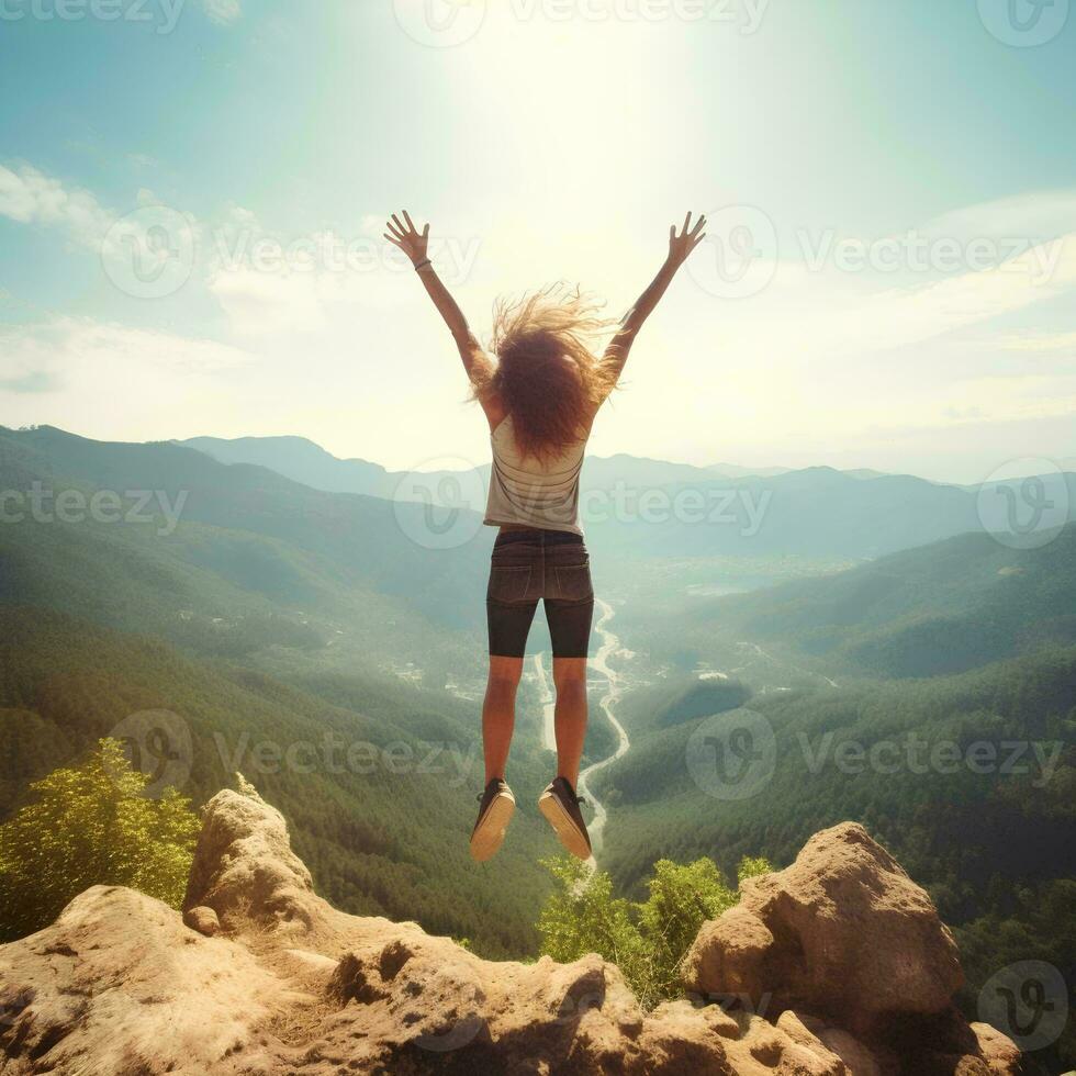 AI generated Happy young woman with arms raised jumping on mountain peak, Successful climber celebrating success on mountain peak, Hiking lifestyle concept on forest trail photo