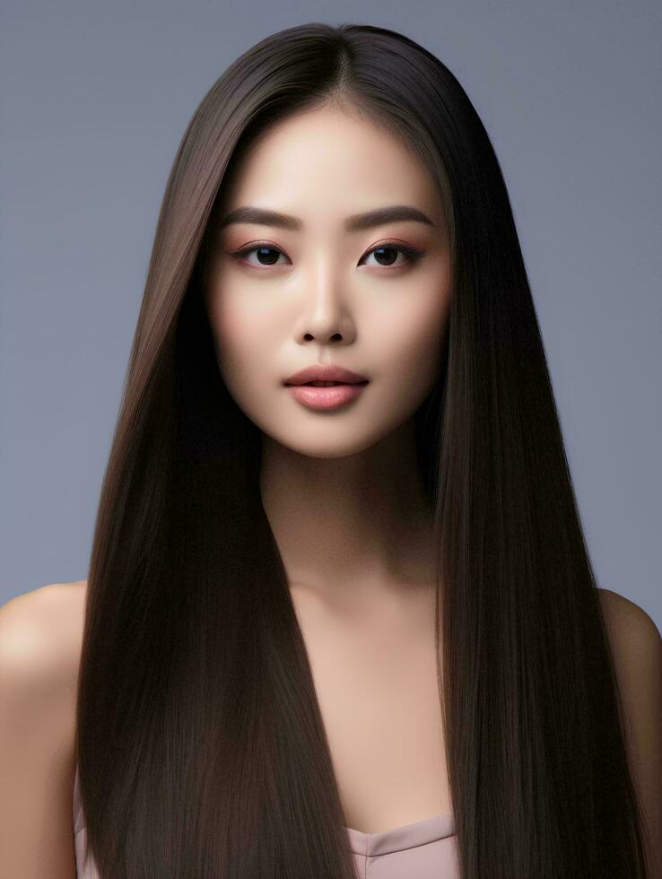 ai generado hermosa joven asiático mujer largo Derecho pelo con coreano estilo maquillaje y Perfecto limpiar piel en aislado blanco fondo, ai generativo foto