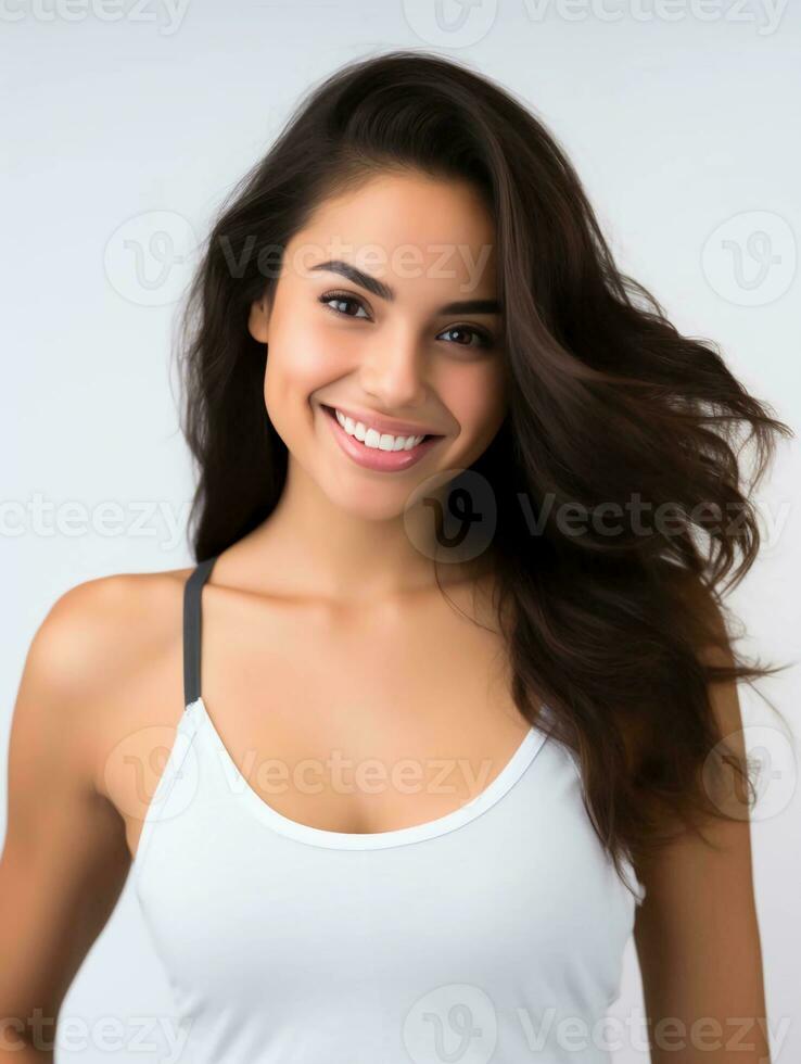 ai generado retrato de un hermosa joven latín mujer con limpiar blanco piel vistiendo un tanque arriba, como un belleza modelo foto, hermosa sonrisa expresión foto