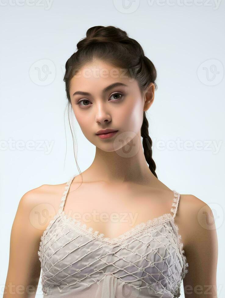AI generated Portrait of beautiful Japanese woman with braided hair wearing ballet dress, isolated white background, AI Generative photo