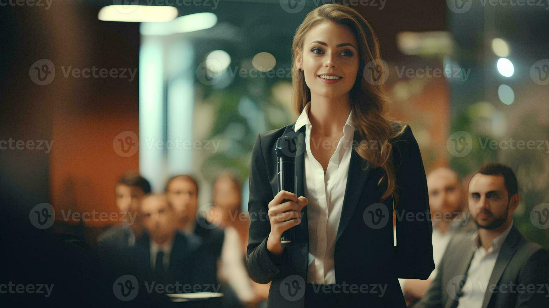 AI generated Conference training or learning training, Business people discussing new strategies, Young female business trainer speaker in suit holding microphone giving presentation with smiling photo
