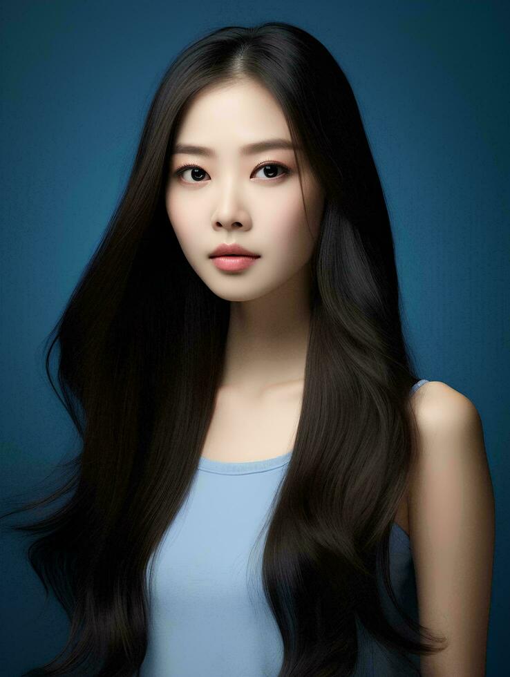 ai generado joven belleza japonés mujer largo Derecho pelo con coreano estilo maquillaje y Perfecto limpiar piel en aislado azul fondo, ai generativo foto