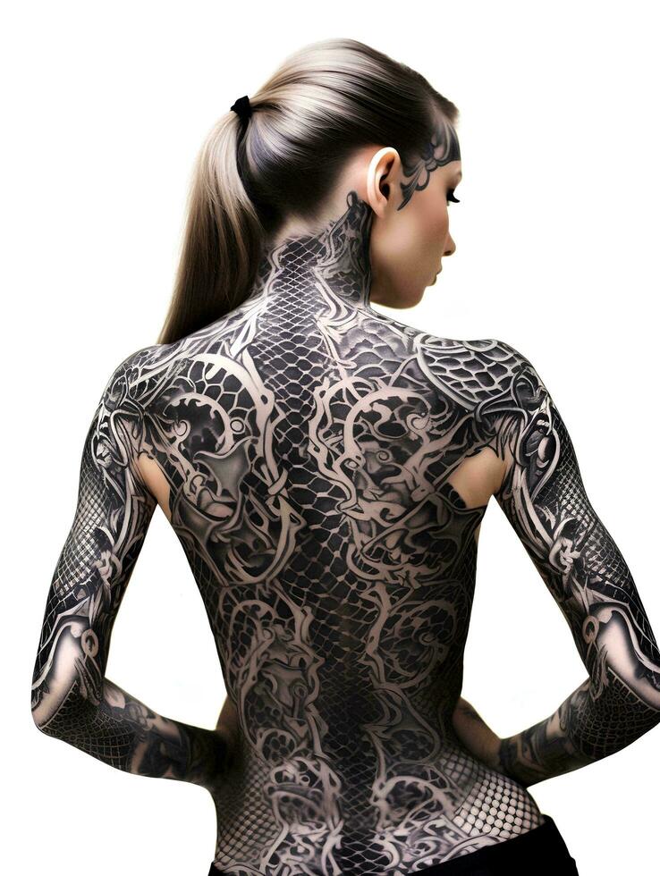 AI generated A beautiful woman dressed in skimpy clothes, thin black tattoos snaking all over her body, photo taken from the back, studio photo, isolated white background, AI Generative