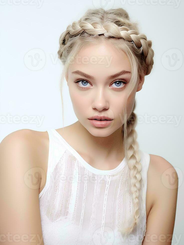 AI generated portrait of beautiful young woman with long braided blonde hair, isolated white background, AI Generative photo
