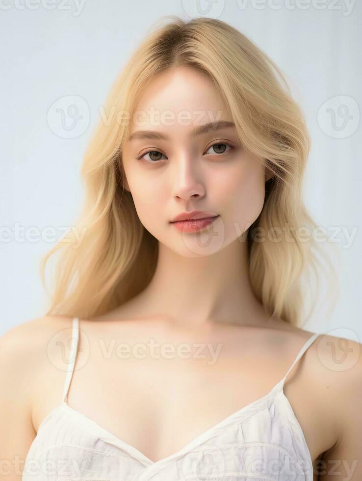 AI generated Close up of beautiful Japanese woman in feminine dress with blonde hair, isolated white background, AI Generative photo