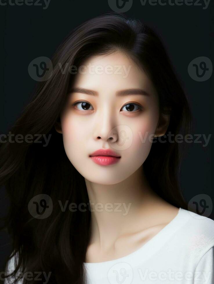 AI generated Close-up portrait of white and clean young Japanese female beauty model, studio photo, isolated black background, AI generative photo