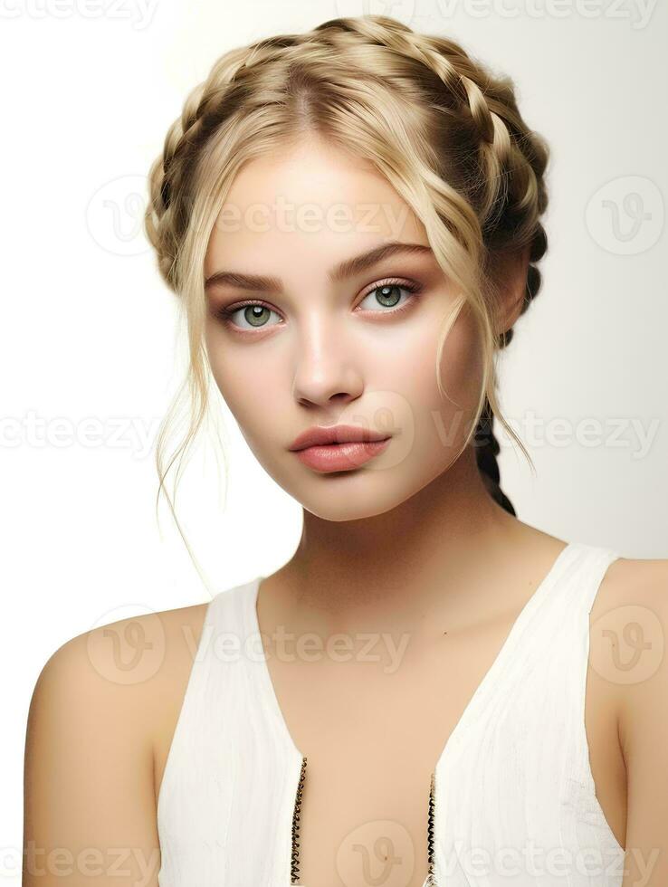 AI generated portrait of beautiful young woman with long braided blonde hair, isolated white background, AI Generative photo